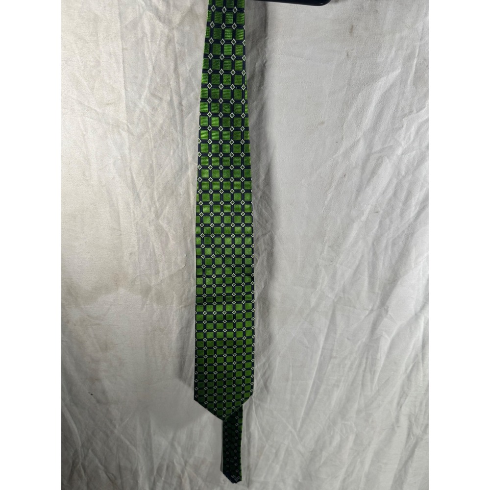 Belisi‎ Mens Silk Necktie Green Navy Blue Geometric Square Pattern Formal Tie